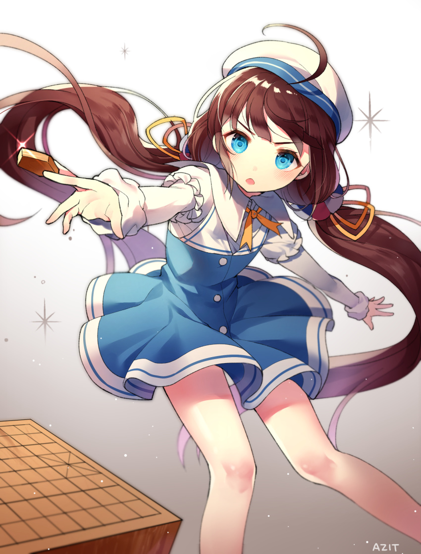 1girl absurdres ahoge artist_name azit_(down) beret between_fingers blue_dress blue_eyes blush board_game brown_hair commentary_request dress gradient gradient_background grey_background hair_ribbon hat highres hinatsuru_ai holding long_hair long_sleeves looking_at_viewer low_twintails outstretched_arms parted_lips puffy_short_sleeves puffy_sleeves ribbon ryuuou_no_oshigoto! school_uniform short_over_long_sleeves short_sleeves shougi solo twintails v-shaped_eyebrows very_long_hair white_background white_hat yellow_ribbon