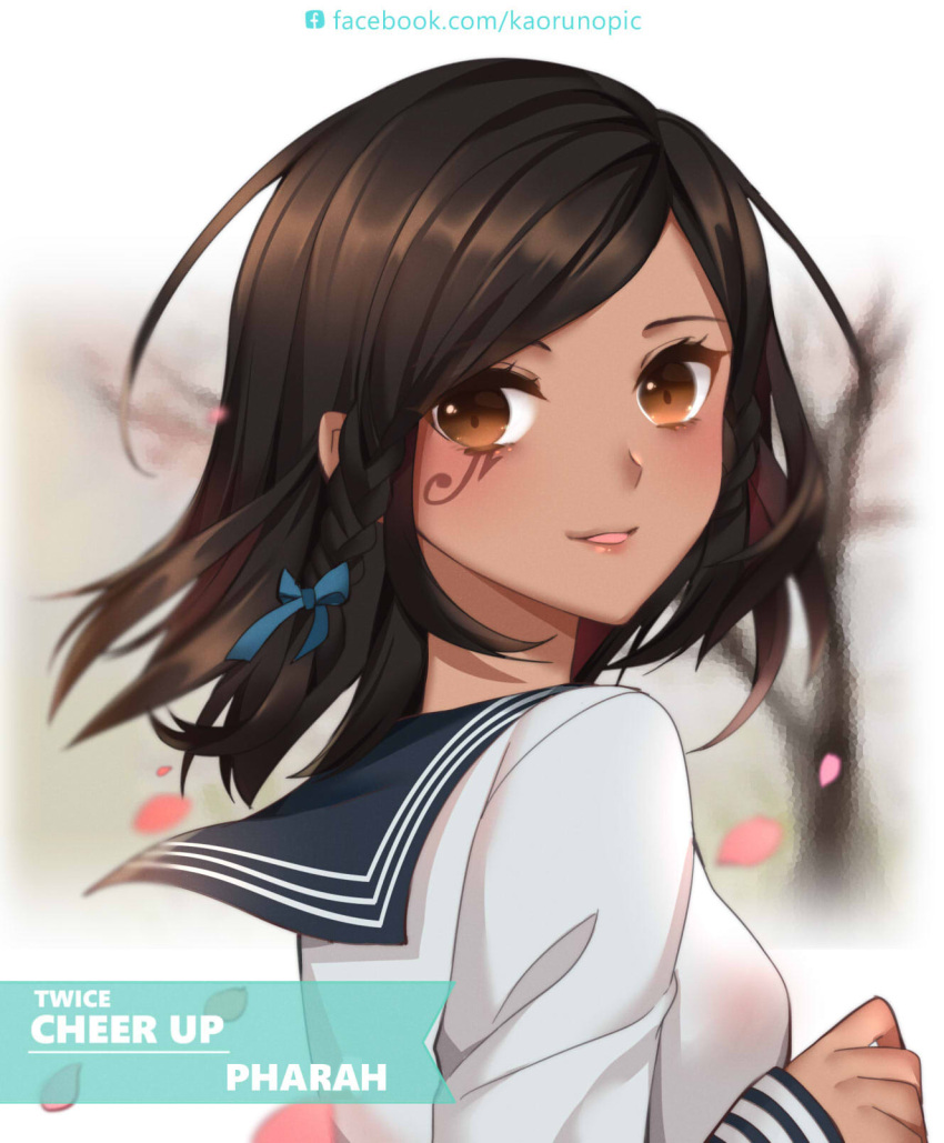 1girl :d atobesakunolove bangs black_hair blue_ribbon blue_sailor_collar blurry blurry_background braid brown_eyes character_name dark_skin english facial_mark facial_tattoo from_side hair_ribbon highres lips long_sleeves looking_at_viewer looking_to_the_side open_mouth outdoors overwatch petals pharah_(overwatch) ribbon sailor_collar school_uniform serafuku shirt short_hair side_braid sleeves_past_wrists smile solo swept_bangs tattoo tree upper_body watermark web_address white_shirt