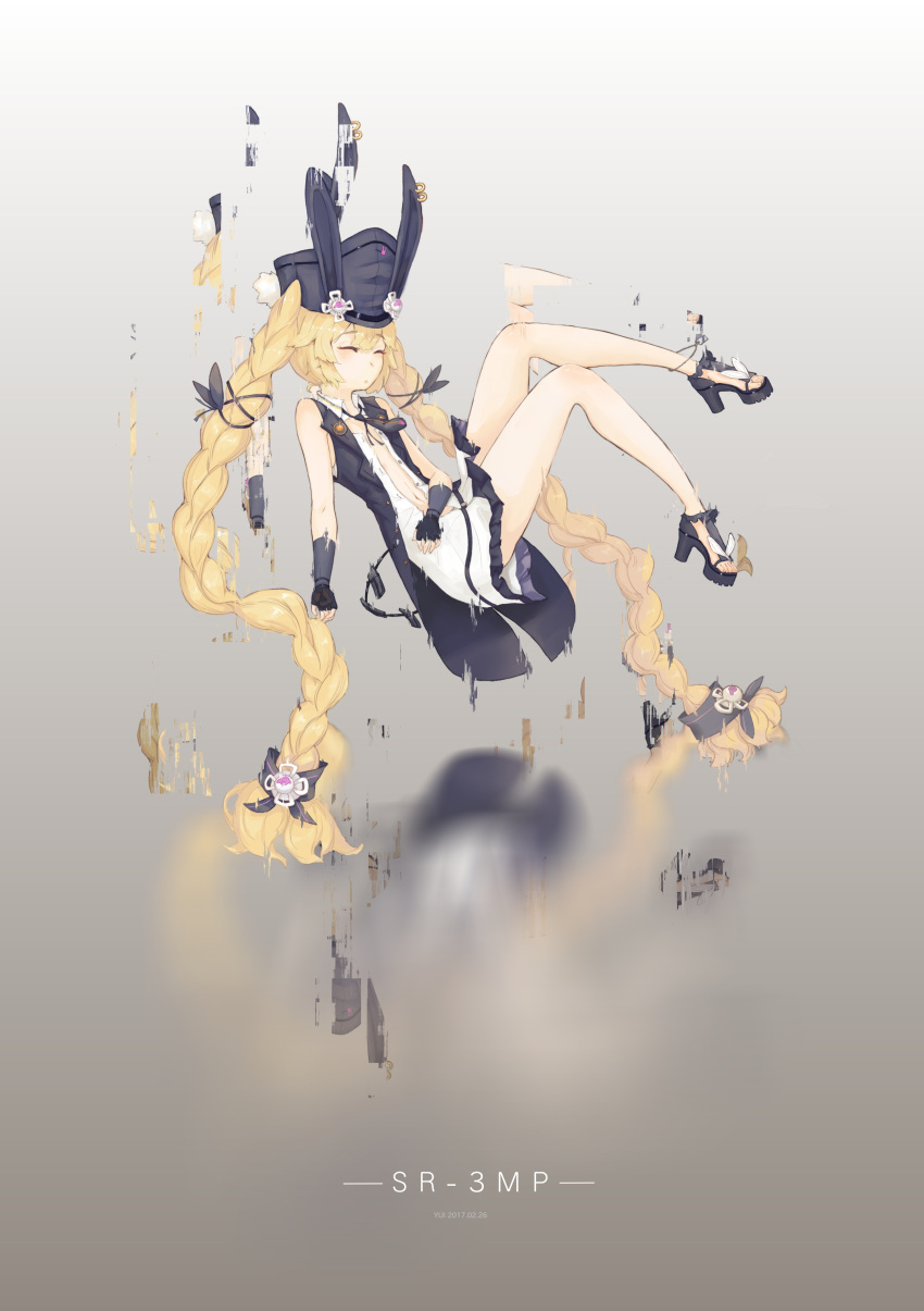 1girl absurdres ammunition_pouch animal_ears anklet artist_name bangs black_neckwear blonde_hair blue_coat blush braid breasts character_name closed_eyes coat collared_shirt dated distortion distortion_world dog_tags eyebrows_visible_through_hair fingerless_gloves floating girls_frontline gloves hair_between_eyes hair_ribbon hat high_heels highres jewelry long_hair magazine_(weapon) navel necktie no_bra open_clothes pleated_skirt rabbit_ears reflection ribbon shirt sidelocks skirt sleeveless sleeveless_coat sleeveless_shirt small_breasts solo sr-3mp_(girls_frontline) strap thighs twin_braids twintails unbuttoned unbuttoned_shirt underwear very_long_hair white_shirt yui_(92935941)