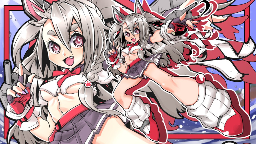 1girl :d animal_ears azur_lane bangs belt black_gloves black_sailor_collar black_skirt blue_nails blue_sky blush braid breasts bright_pupils crop_top eyebrows eyebrows_visible_through_hair eyelashes facing_away fake_animal_ears fang fingerless_gloves fingernails full_body gloves green_nails grey_hair grey_nails hair_between_eyes hair_ornament katana_(life_is_beautiful) leg_warmers legs_apart long_fingernails long_hair midriff multicolored multicolored_nail_polish nail_polish navel no_bra open_mouth outline outstretched_arm paw_print pink_eyes pleated_skirt purple_nails red_belt red_footwear ribbed_legwear sailor_collar school_uniform serafuku shirt shoes side_braid silhouette single_braid skirt sky small_breasts smile solo stomach sun thick_eyebrows tongue turret two_side_up under_boob water white_legwear white_outline white_pupils white_shirt wolf_ears yuudachi_(azur_lane) zoom_layer