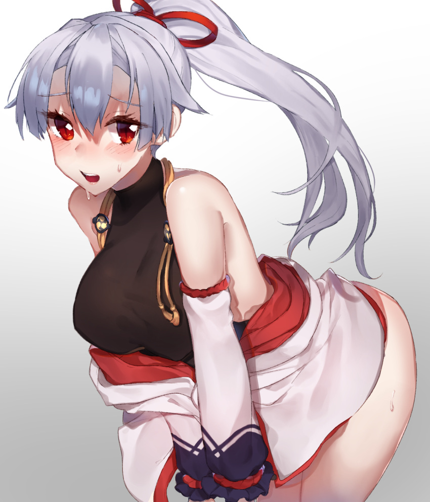 1girl amakaze bangs bare_shoulders bent_over blush cowboy_shot detached_sleeves eyebrows eyebrows_visible_through_hair eyelashes eyes_visible_through_hair facing_away fate/grand_order fate_(series) gradient gradient_background grey_hair hair_between_eyes hair_ribbon high_ponytail highres japanese_clothes legs_together lips long_hair long_sleeves looking_at_viewer open_mouth pink_lips red_eyes red_ribbon ribbon solo standing sweat taut_clothes teeth tomoe_(symbol) tomoe_gozen_(fate/grand_order) tongue tsurime turtleneck v_arms