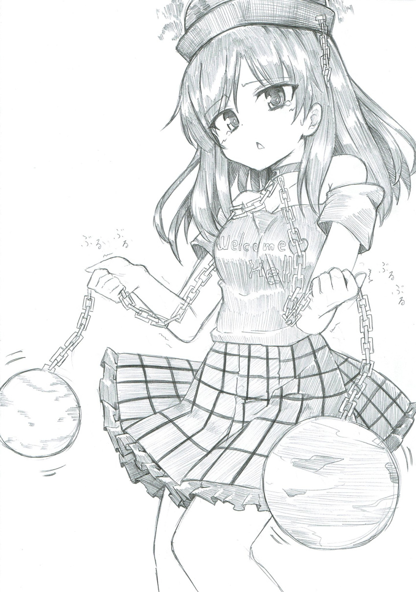 1girl bare_arms bare_legs breasts chains choker clothes_writing cowboy_shot earth_(ornament) eyebrows_visible_through_hair frilled_skirt frills greyscale hat hecatia_lapislazuli highres long_hair mahiro_(akino-suisen) miniskirt monochrome moon_(ornament) off-shoulder_shirt off_shoulder open_mouth patterned_clothing plaid plaid_skirt polos_crown shirt short_sleeves skirt solo t-shirt tearing_up touhou traditional_media