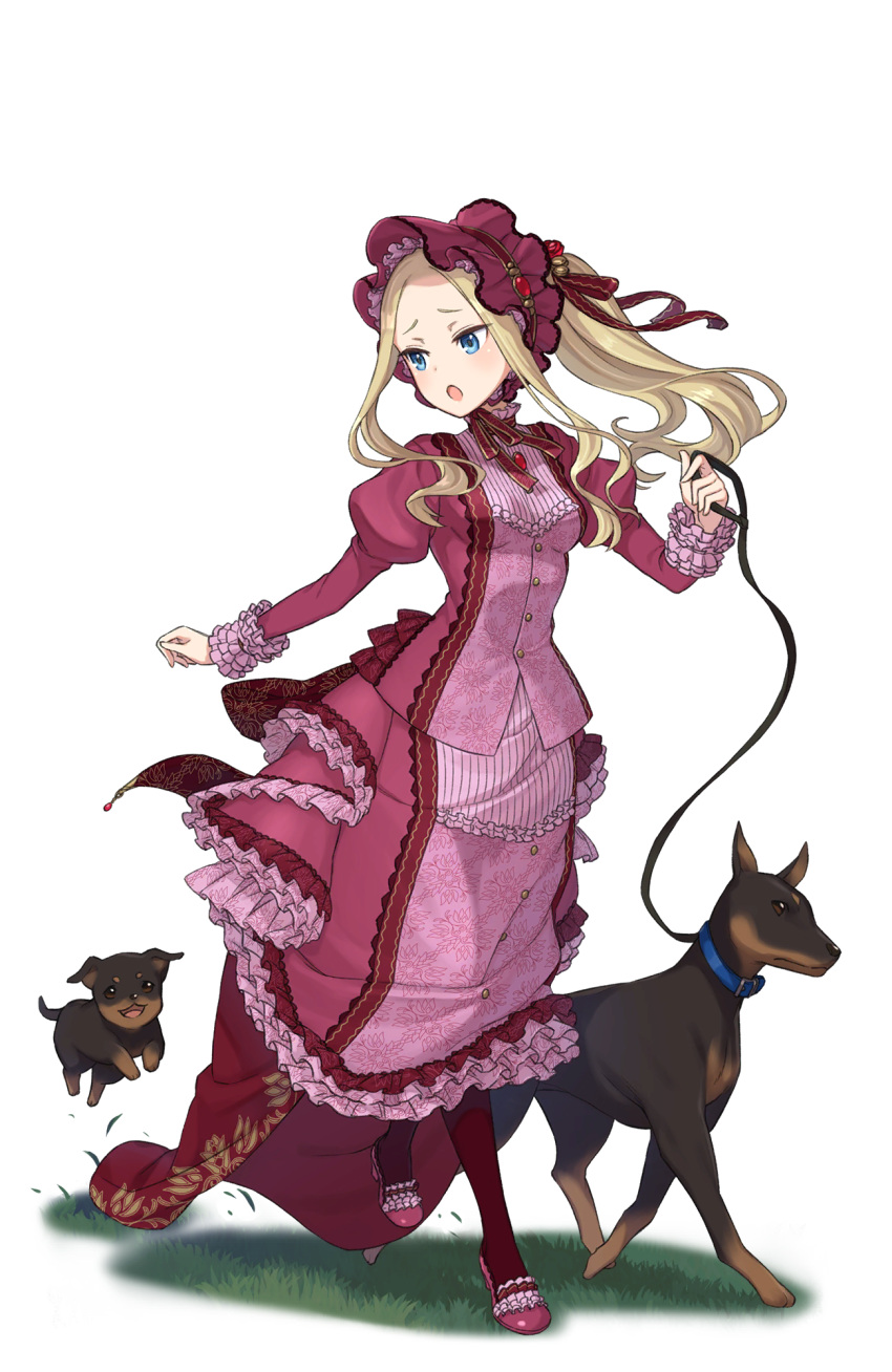 1girl :o blonde_hair blue_eyes bonnet braid doberman dog dress elizabeth_cassandra_austin frilled_dress frilled_sleeves frills full_body grass highres leash long_hair looking_to_the_side official_art open_mouth pink_dress pink_footwear ponytail princess_principal princess_principal_game_of_mission puppy shoes standing transparent_background