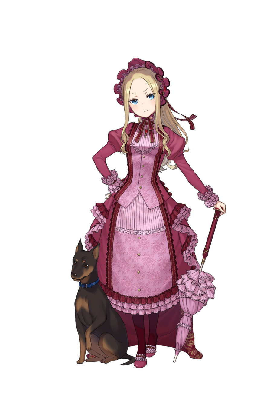 1girl blonde_hair blue_eyes bonnet doberman dog dress elizabeth_cassandra_austin frilled_dress frilled_sleeves frills full_body hand_on_hip highres long_hair looking_at_viewer official_art parasol pink_dress pink_footwear pink_umbrella planted_umbrella ponytail princess_principal princess_principal_game_of_mission shoes smile standing transparent_background umbrella