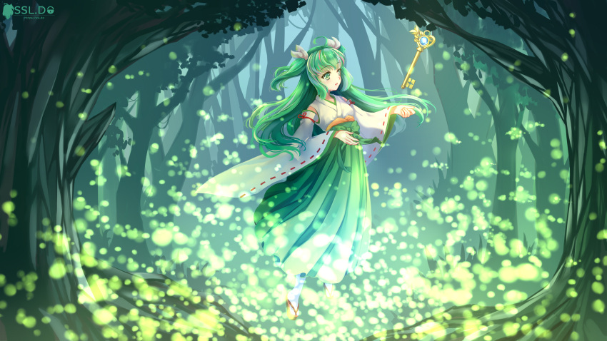 1girl absurdres ahoge firefly forest green_eyes green_hair green_hakama hakama highres japanese_clothes key levitation long_hair looking_to_the_side miko nature outdoors sandals shinosakieru solo ssl.do tree watermark web_address white_legwear wide_sleeves