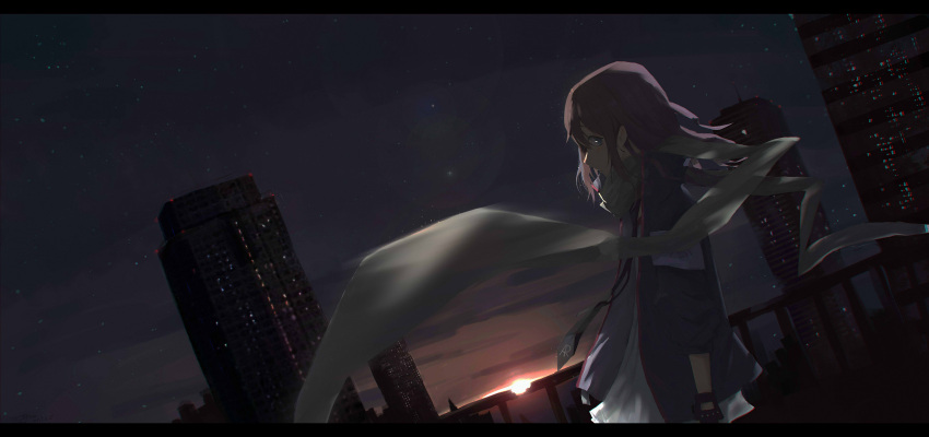 1girl absurdres armband bangs black_gloves black_neckwear blue_eyes cityscape commentary dress fingerless_gloves floating_hair from_side girls_frontline gloves hair_between_eyes hair_ornament highres jacket long_hair looking_at_viewer multicolored_hair necktie night night_sky one_side_up open_clothes open_jacket open_mouth pink_hair railing rooftop scarf side_ponytail sidelocks sky solo st_ar-15_(girls_frontline) star_(sky) starry_sky streaked_hair sunrise white_dress wind wind_lift yui_(92935941)