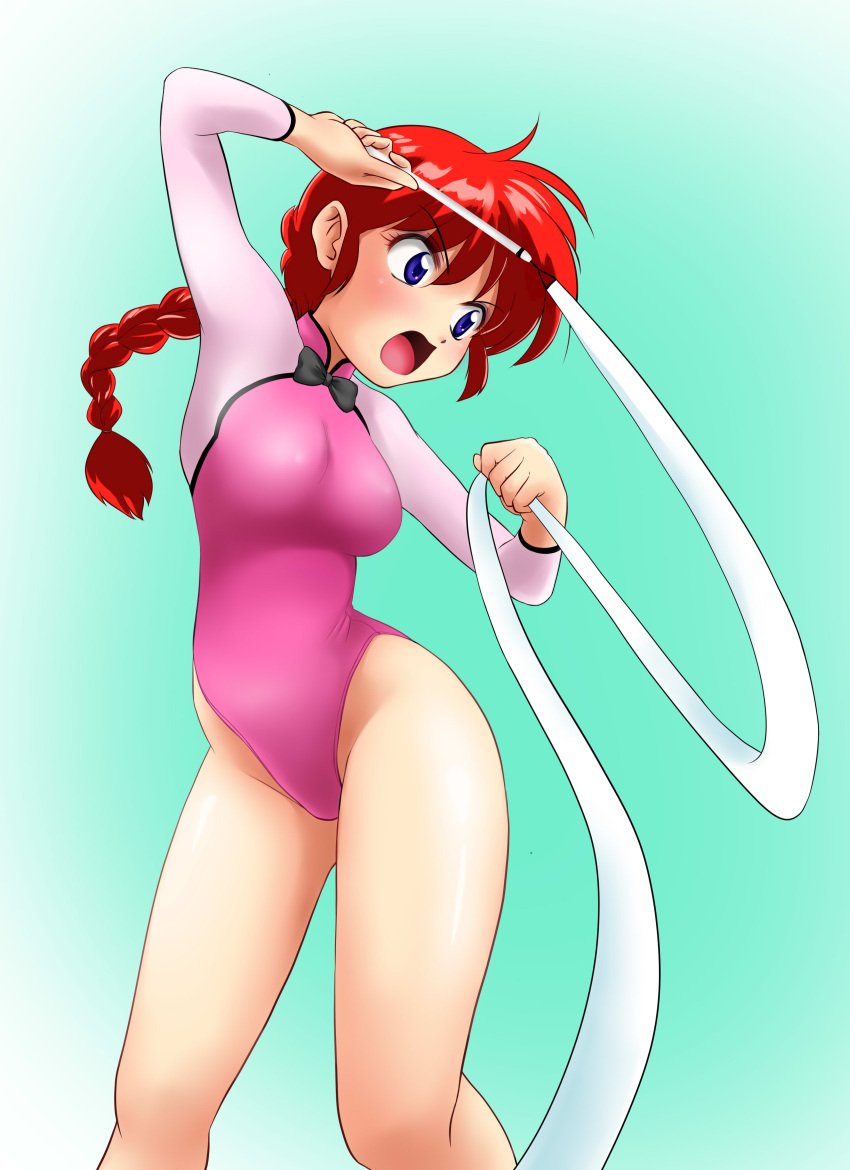 1girl absurdres blue_background blue_eyes braid commentary_request feet_out_of_frame full_body genderswap genderswap_(mtf) gymnast_leotard gymnastics_ribbon highres leotard looking_back nanao_futaba open_mouth pink_leotard ranma-chan ranma_1/2 redhead saotome_ranma single_braid solo standing