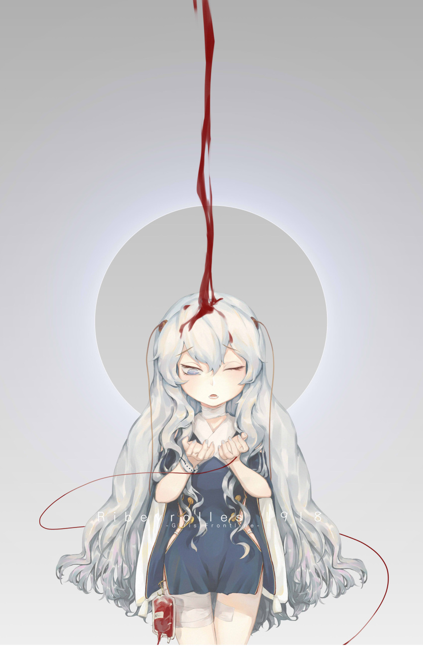 1girl absurdres bandage bandaged_leg bandaged_neck bangs blood blood_bag blood_drip bloody_hair blue_eyes blush closed_mouth dress eyebrows_visible_through_hair girls_frontline hair_between_eyes half-closed_eye hands_up highres intravenous_drip long_hair looking_at_hands looking_at_viewer messy_hair nail_polish one_eye_closed open_mouth ribeyrolles_1918_(girls_frontline) side_slit silver_hair simple_background solo tassel thighs very_long_hair wavy_hair wide_sleeves wristband yui_(92935941)