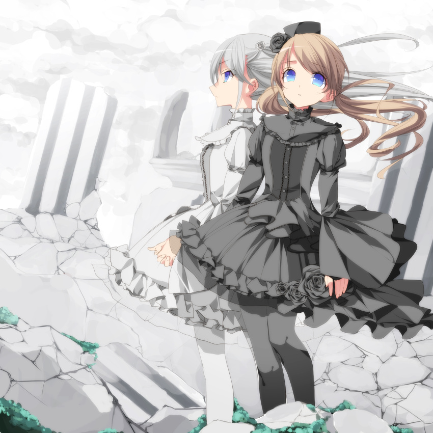 2girls absurdres arms_at_sides bad_id bad_pixiv_id black_dress black_legwear black_ribbon blue_eyes brown_hair closed_mouth dress drill_hair eyebrows_visible_through_hair grey_hair hair_ornament hair_ribbon highres long_hair looking_at_viewer looking_away misteor multiple_girls original pantyhose ribbon white_dress white_legwear