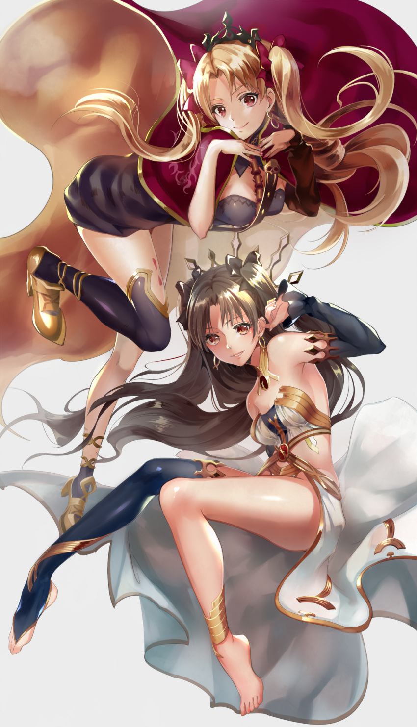 2girls anklet bare_shoulders black_hair black_legwear blonde_hair breasts cape collar earrings ereshkigal_(fate/grand_order) fate_(series) hair_ribbon highres hoop_earrings ishtar_(fate/grand_order) jewelry long_hair looking_at_viewer medium_breasts metal_collar multiple_girls red_eyes ribbon shoes single_detached_sleeve single_shoe single_thighhigh smile thigh-highs tiara two_side_up yache