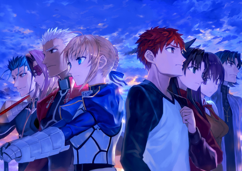 4boys 4girls archer artoria_pendragon_(all) blonde_hair bob_(biyonbiyon) bow covering_eyes cross cross_necklace emiya_shirou fate/stay_night fate_(series) hair_bow hair_ornament hair_ribbon highres jewelry kotomine_kirei lancer matou_sakura multiple_boys multiple_girls necklace redhead ribbon rider tohsaka_rin