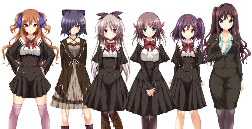 6+girls aoi_tori_(purple_software) aqua_eyes argyle argyle_legwear arms_behind_back black_hair blue_eyes blush boots braid brown_hair choker crescent crescent_hair_ornament criss-cross_halter cross expressionless eyebrows_visible_through_hair forearms_at_chest french_braid hair_intakes hair_ornament hair_over_one_eye hair_ribbon hairband halterneck hands_on_hips hands_together highres kneehighs koku kurosaki_sayo long_hair long_sleeves looking_at_viewer mary_harker multiple_girls official_art one_side_up orange_eyes over-kneehighs pantyhose parted_lips pencil_skirt pink_hair pink_legwear pleated_skirt pointy_ears red_eyes ribbon short_hair skirt slit_pupils thigh-highs transparent_background two_side_up umino_akari v_arms violet_eyes