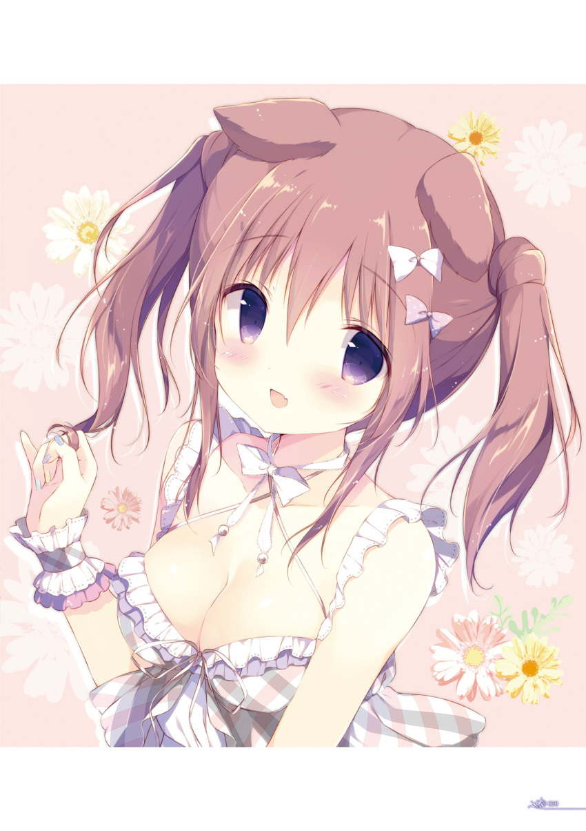 1girl :d animal_ears bangs bare_shoulders blue_nails blush bow breasts brown_background cleavage collarbone dog_ears dress eyebrows_visible_through_hair fang floral_background green_nails hair_between_eyes hair_bow hair_twirling hand_up highres large_breasts long_hair looking_at_viewer multicolored multicolored_nail_polish nail_polish open_mouth original pink_bow plaid polka_dot polka_dot_bow purple_dress purple_nails ribbon shiratama_(shiratamaco) sidelocks smile solo twintails violet_eyes white_bow white_ribbon wrist_cuffs yellow_nails