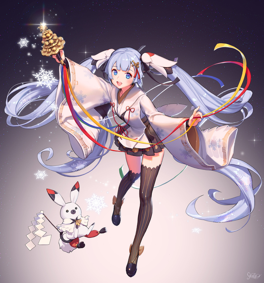 1girl absurdly_long_hair bell blue_eyes blue_hair floating_hair full_body hatsune_miku highres jingle_bell kagura_suzu kkuem long_hair looking_at_viewer open_mouth rabbit skirt striped striped_legwear thigh-highs twintails vertical-striped_legwear vertical_stripes very_long_hair vocaloid yuki_miku yukine_(vocaloid)