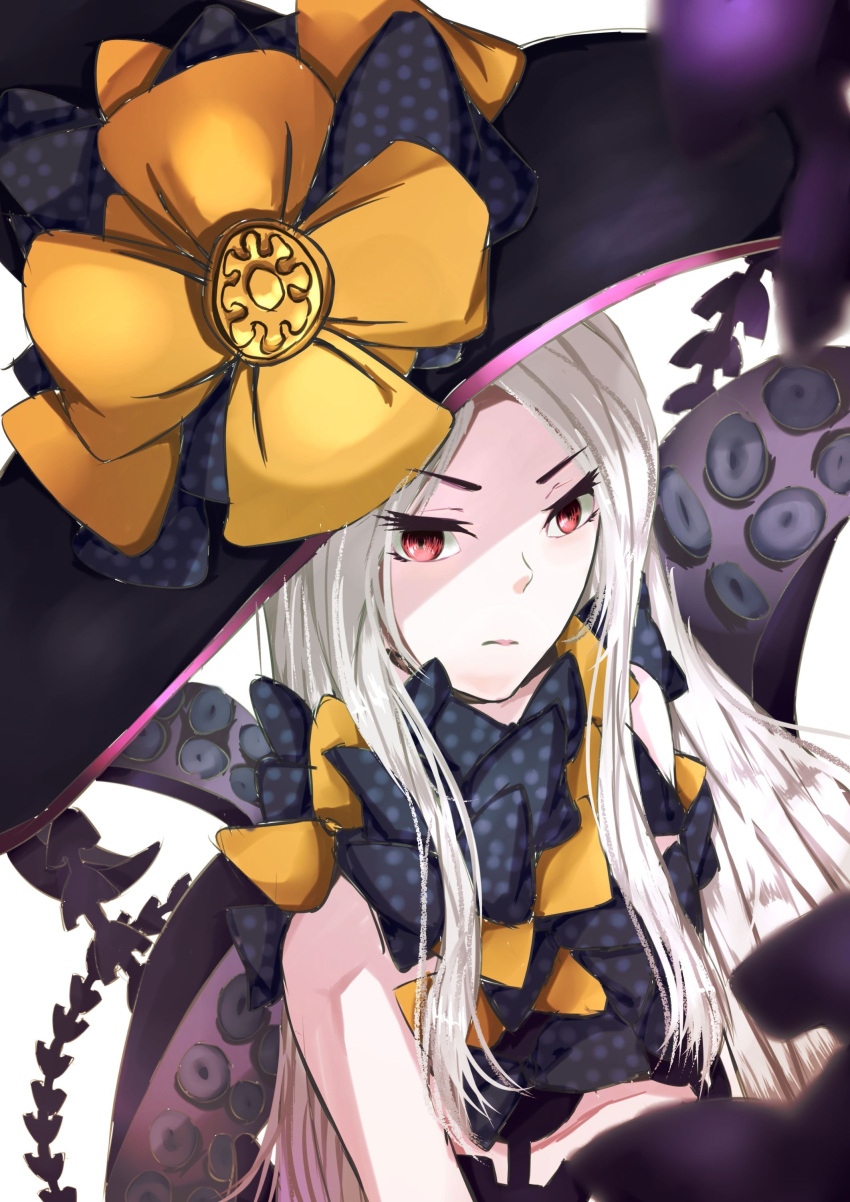 1girl abigail_williams_(fate/grand_order) absurdres bangs black_bow black_hat bow closed_mouth commentary_request eyebrows_visible_through_hair fate/grand_order fate_(series) hat hat_bow highres long_hair orange_bow pale_skin parted_bangs red_eyes revealing_clothes solo spilut suction_cups tentacle topless v-shaped_eyebrows very_long_hair white_background white_hair witch_hat