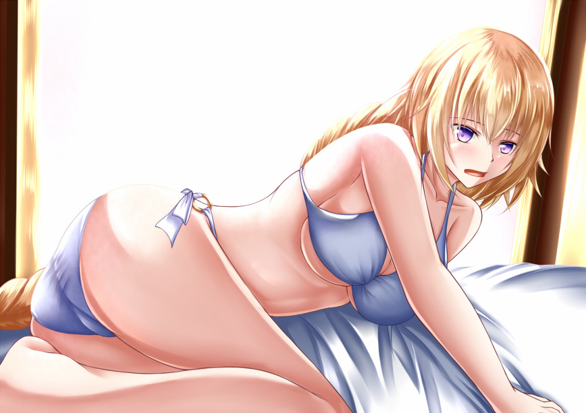 1girl ass bed bikini blonde_hair blue_eyes braid breasts fate/apocrypha fate/grand_order fate_(series) jeanne_d'arc_(fate) jeanne_d'arc_(fate)_(all) large_breasts long_braid looking_at_viewer lying on_side open_mouth side-tie_bikini solo swimsuit tsukihayashi violet_eyes white_bikini