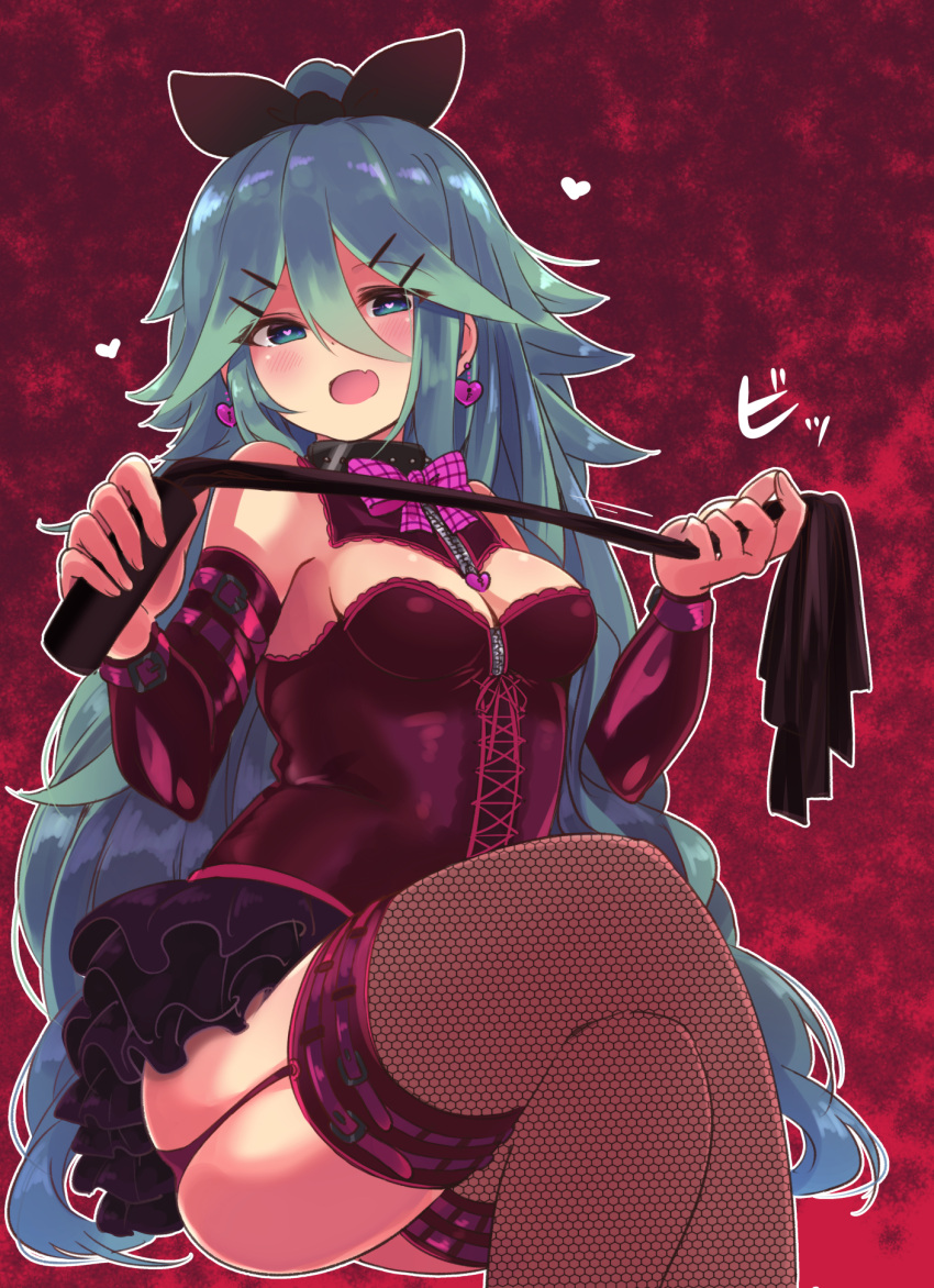 1girl alternate_costume bare_shoulders blush bow bowtie breasts cleavage commentary_request corset detached_sleeves dominatrix earrings fishnet_legwear fishnets garter_straps green_eyes green_hair hair_between_eyes hair_ornament hair_ribbon hairclip heart highres jewelry kantai_collection legs_crossed long_hair looking_at_viewer medium_breasts open_mouth ponytail ribbon smile solo suzuki_toto thigh-highs whip yamakaze_(kantai_collection)