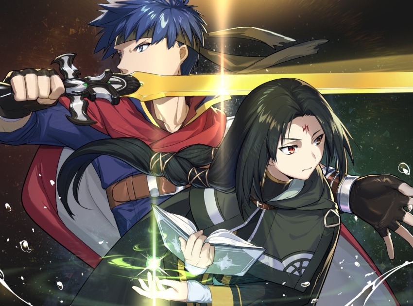 2boys black_hair blue_eyes blue_hair book cape facial_mark fire_emblem fire_emblem:_souen_no_kiseki gloves headband ike long_hair male_focus multiple_boys ragnell red_eyes short_hair smile soren sword tdob_mk2 weapon