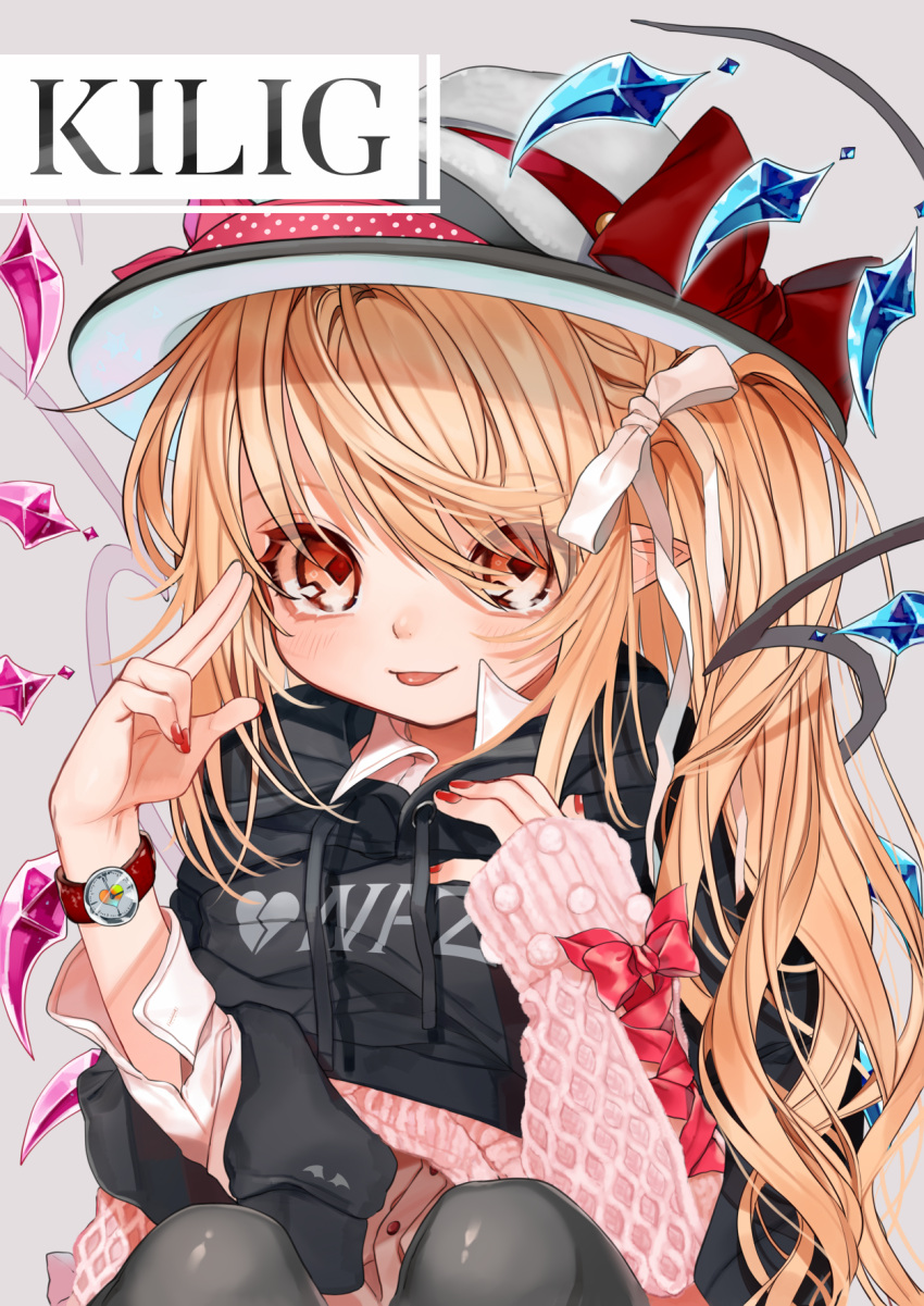 1girl alternate_costume alternate_headwear artist_name black_hoodie black_legwear blonde_hair bow clothes_writing commentary_request contemporary fang fedora flandre_scarlet gotoh510 grey_background hair_ribbon hat hat_bow highres hood hoodie long_sleeves looking_at_viewer nail_polish pointy_ears red_bow red_eyes red_nails red_ribbon ribbon side_ponytail signature simple_background solo star tongue tongue_out touhou upper_body watch watch white_ribbon wings