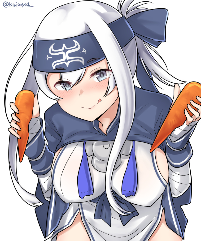 1girl :q absurdres ainu_clothes blue_eyes blue_headband blush breasts carrot cropped_jacket dress folded_ponytail hair_between_eyes headband highres kamoi_(kantai_collection) kantai_collection kiritto long_sleeves pelvic_curtain sideboob sleeveless sleeveless_dress solo thick_eyebrows tongue tongue_out white_dress white_hair wrist_guards