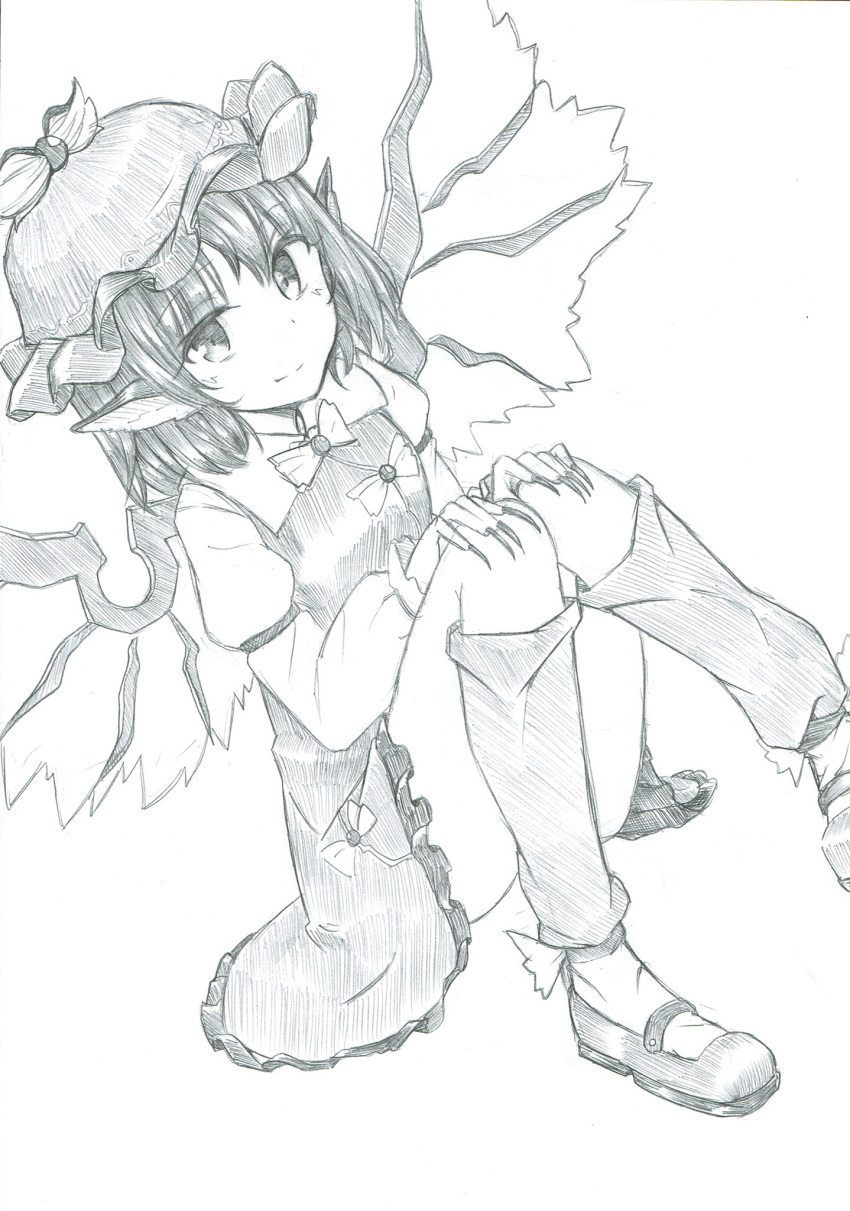 1girl animal_ears bird_wings brooch closed_mouth collar dress eyebrows_visible_through_hair fingernails frills full_body greyscale hat highres jewelry juliet_sleeves kneehighs long_fingernails long_sleeves looking_at_viewer mahiro_(akino-suisen) monochrome mystia_lorelei puffy_sleeves shoes sitting solo touhou traditional_media winged_shoes wings