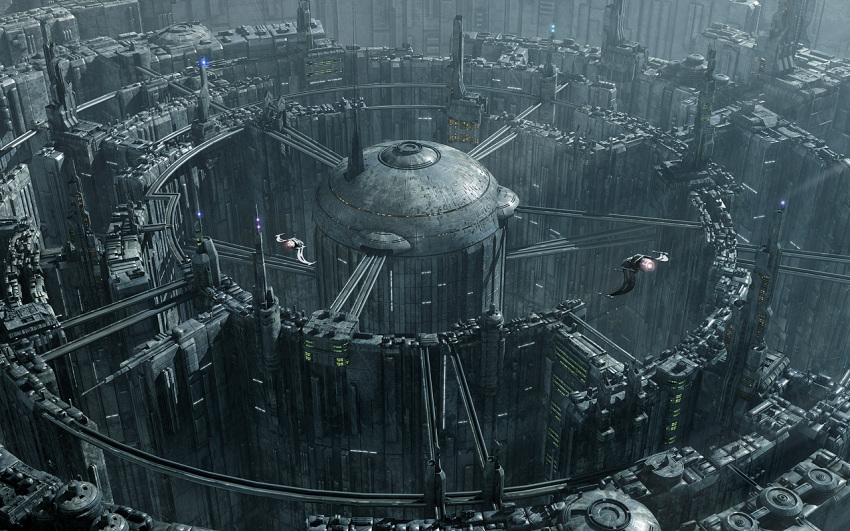 3d architecture bridge cityscape dystopia flying from_above glowing grey jfliesenborghs light no_humans original science_fiction space_craft starfighter tower window