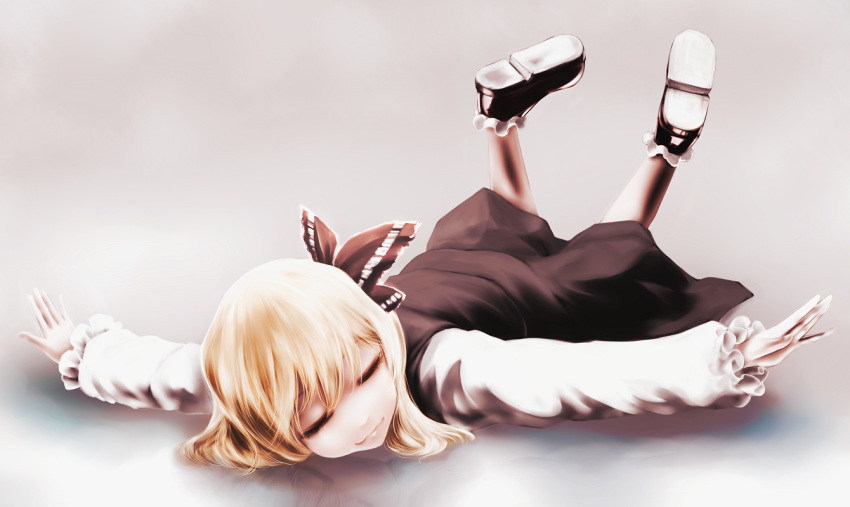 1girl bangs black_footwear black_skirt blonde_hair closed_eyes feet_up full_body fuonon grey_background hair_ribbon long_sleeves lying on_stomach outstretched_arms red_ribbon reflection ribbon rumia shoe_soles shoes skirt skirt_set smile solo touhou