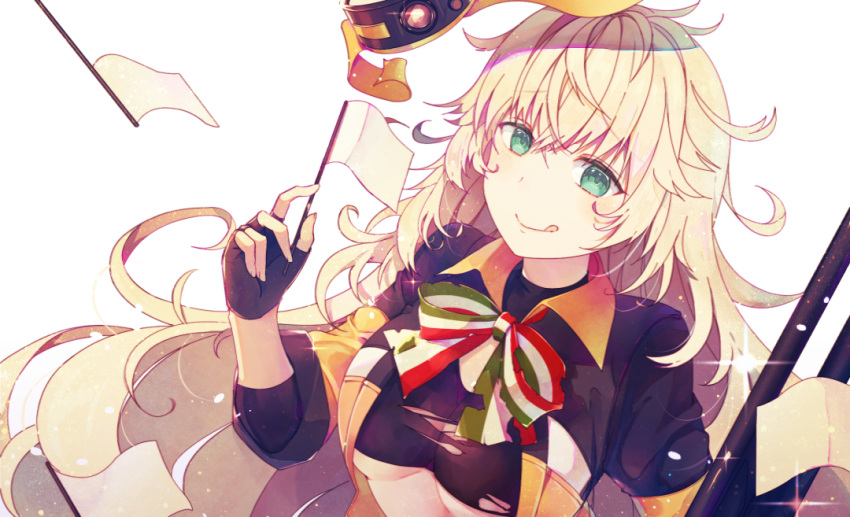 1girl :q bangs black_gloves blonde_hair blush breasts closed_mouth collared_jacket eyebrows_visible_through_hair fingerless_gloves flag girls_frontline gloves green_eyes hair_between_eyes hairband holding_flag jacket light_particle long_hair looking_at_viewer messy_hair s.a.t.8_(girls_frontline) shirt sidelocks sleeves_rolled_up smile solo sparkle tongue tongue_out torn_clothes under_boob very_long_hair white_background white_flag yuizayomiya