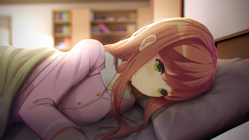 1girl bangs bed bed_sheet blanket blurry blurry_background bookshelf breasts brown_hair commentary day doki_doki_literature_club eyebrows_visible_through_hair green_eyes hair_down indoors long_hair long_sleeves looking_at_viewer lying medium_breasts monika_(doki_doki_literature_club) on_bed on_side pajamas parted_lips pillow sidelocks solo sunlight tsukimaru under_covers