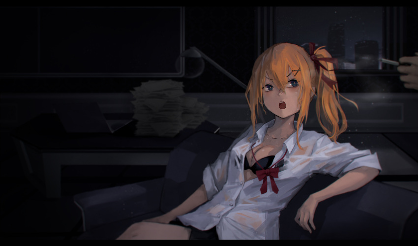1girl absurdres bangs black_bra black_skirt blonde_hair blue_eyes blush bra breasts chair cigarette cityscape cleavage collarbone collared_shirt couch desk elbow_rest eyebrows_visible_through_hair girls_frontline hair_between_eyes hair_ribbon highres holding holding_cigarette kalina_(girls_frontline) lamp large_breasts leaning_back long_hair long_sleeves looking_at_viewer neck_ribbon night night_sky open_mouth paper red_ribbon ribbon shirt side_ponytail sidelocks sitting skirt sky smoke sweap sweat sweatdrop thighs unbuttoned unbuttoned_shirt underwear wet wet_clothes white_shirt window yui_(92935941)