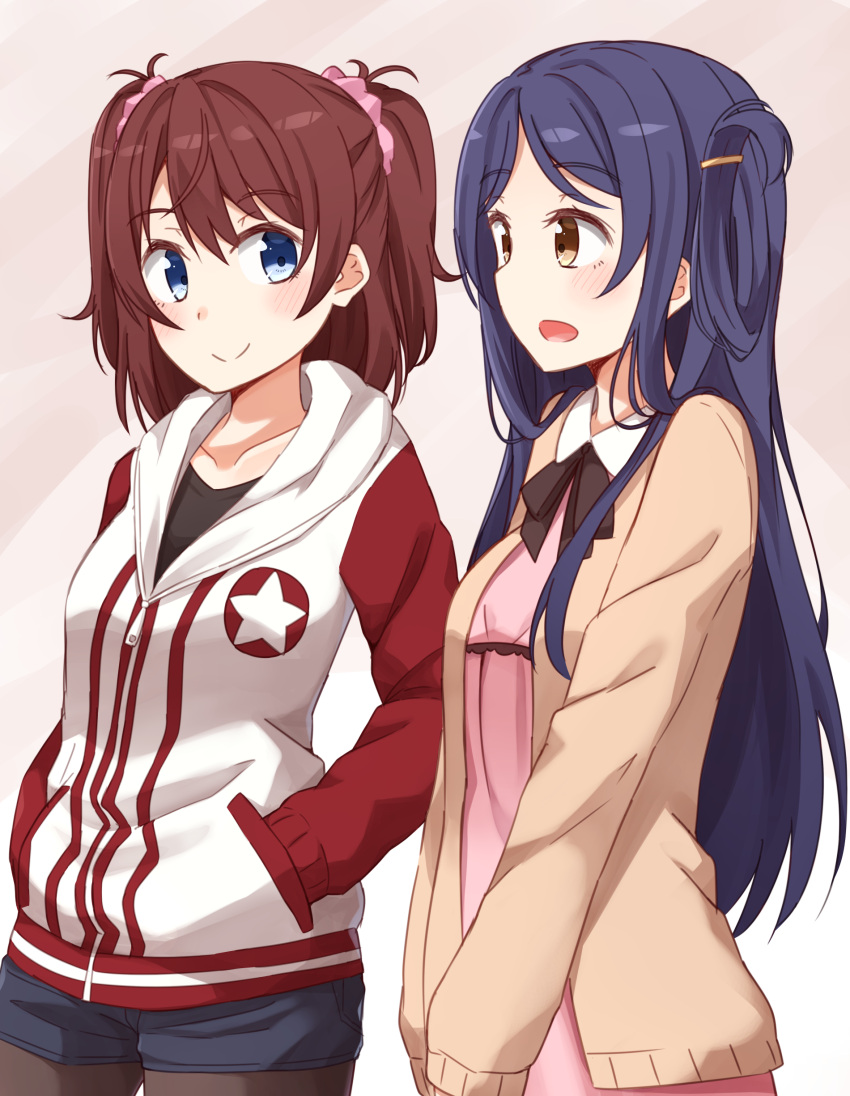 2girls :d absurdres bangs beige_jacket black_legwear black_shirt blue_eyes blue_shorts brown_eyes brown_hair character_request closed_mouth collarbone dress eye_contact eyebrows_visible_through_hair hair_between_eyes hair_ornament hair_scrunchie hairclip high_school_fleet highres jacket kapatarou long_hair looking_at_another multiple_girls ogasawara_hikari open_mouth pantyhose pink_dress pink_scrunchie purple_hair scrunchie shirt short_shorts shorts smile two_side_up very_long_hair white_jacket