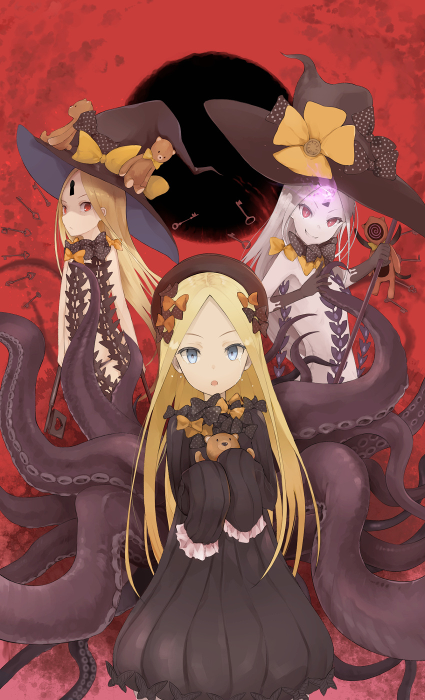 3girls :o abigail_williams_(fate/grand_order) bangs black_bow black_dress black_hat black_panties blonde_hair blue_eyes bow butterfly commentary_request dress fate/grand_order fate_(series) forehead grin hair_bow hakumeiihari81 hat hat_bow highres key long_hair long_sleeves looking_at_viewer multiple_girls multiple_persona object_hug open_mouth orange_bow pale_skin panties parted_bangs polka_dot polka_dot_bow red_eyes revealing_clothes sleeves_past_fingers sleeves_past_wrists smile stuffed_animal stuffed_toy suction_cups teddy_bear tentacle topless underwear very_long_hair white_hair witch_hat