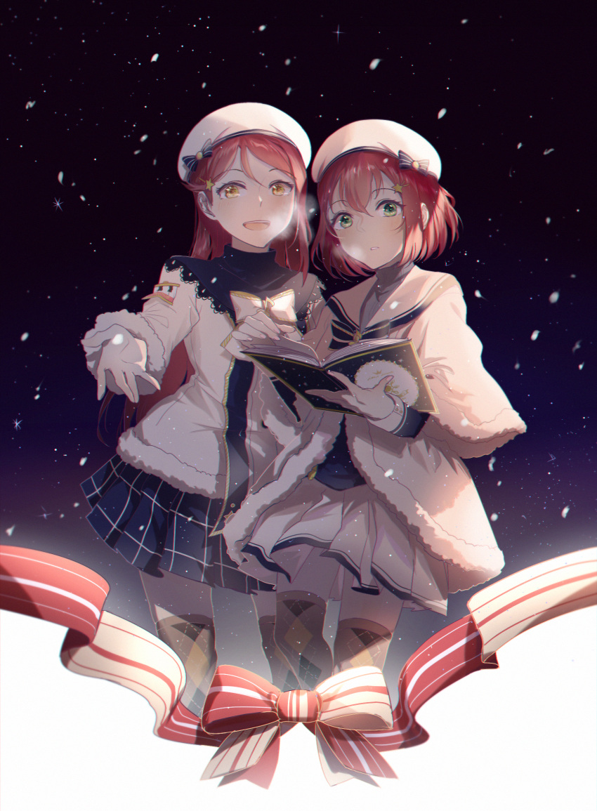 2girls :d blue_skirt book cicirelrel green_eyes hair_ornament hat highres kurosawa_ruby long_hair love_live! love_live!_sunshine!! miniskirt multiple_girls open_book open_mouth parted_lips pleated_skirt redhead sakurauchi_riko short_hair skirt smile star star_hair_ornament thigh-highs white_hat white_skirt yellow_eyes zettai_ryouiki