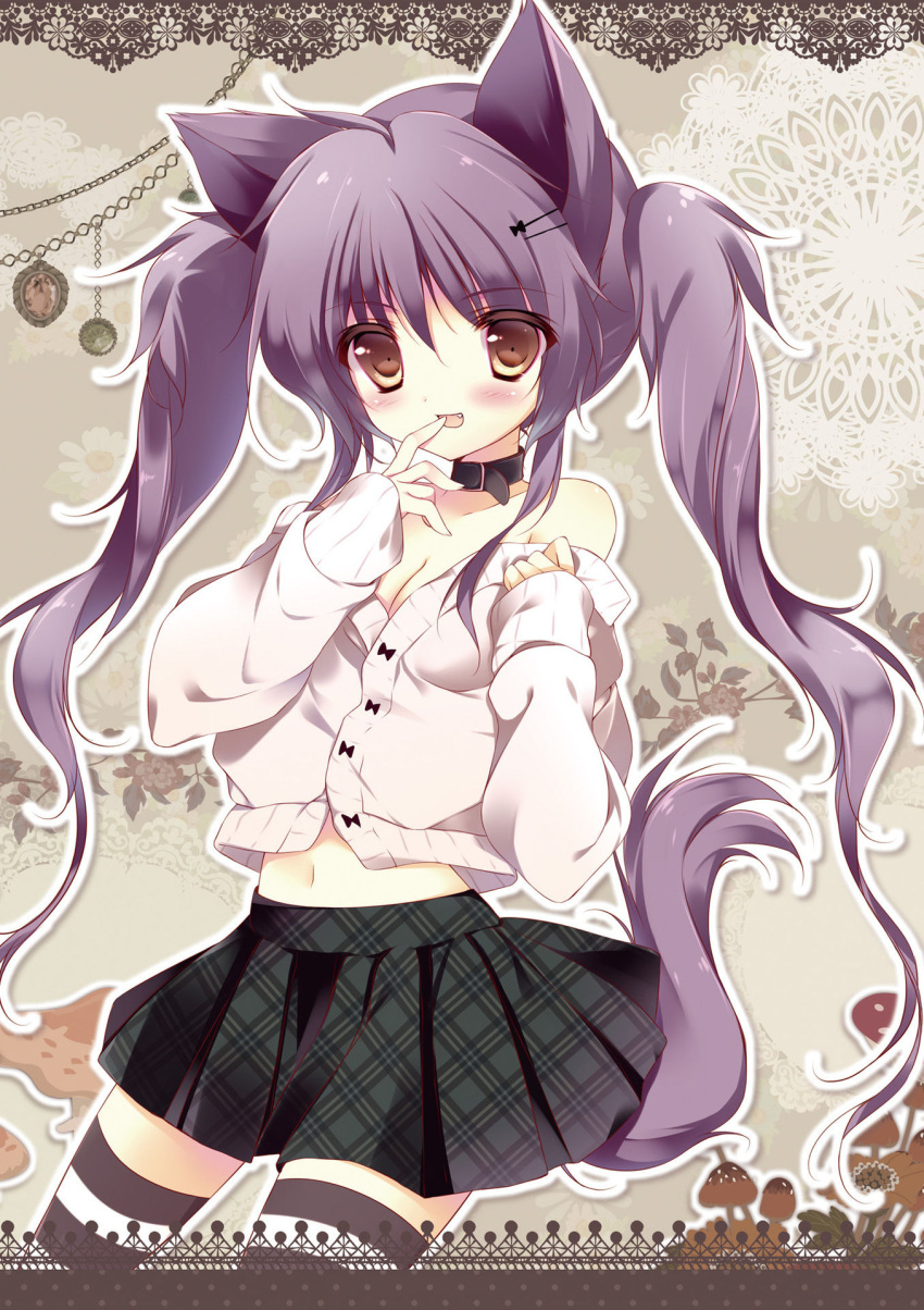 1girl :d ahoge animal_ears bangs bare_shoulders black_collar black_skirt blush breasts brown_eyes cleavage cowboy_shot dog_ears dog_girl dog_tail eyebrows_visible_through_hair fang finger_to_mouth grey_cardigan hair_between_eyes hands_up highres lace_border long_hair long_sleeves looking_at_viewer medium_breasts mushroom navel no_bra off_shoulder open_mouth original plaid plaid_skirt pleated_skirt purple_hair shiratama_(shiratamaco) sidelocks skirt sleeves_past_wrists smile solo striped striped_legwear tail thigh-highs twintails very_long_hair
