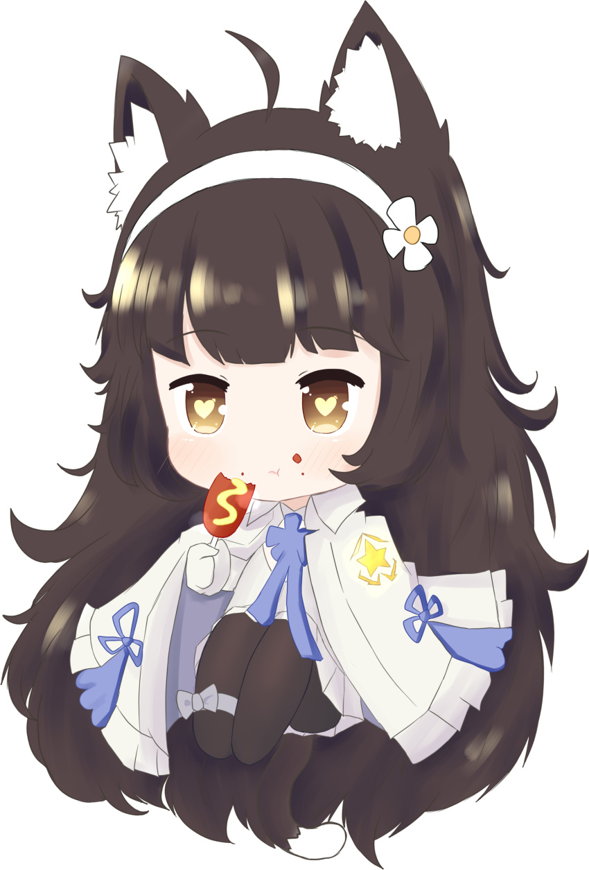 1girl :t absurdres ahoge animal_ears bailingxiao_jiu bangs black_legwear blush bow cape cat_ears cat_girl cat_tail chibi closed_mouth eating eyebrows_visible_through_hair food food_on_face full_body girls_frontline gloves grey_bow hairband highres holding holding_food hot_dog kemonomimi_mode long_hair mustard no_shoes pantyhose pleated_skirt qbz-95_(girls_frontline) shirt simple_background sitting skirt solo tail very_long_hair white_background white_cape white_gloves white_hairband white_shirt white_skirt