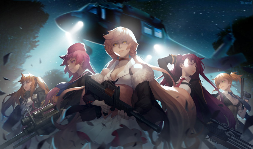 5girls aircraft anti-materiel_rifle armband bangs black_gloves black_legwear blazer blonde_hair blue_neckwear blurry braid breasts brown_eyes brown_hair buckle bullpup chocolate_hair choker cleavage closed_mouth coat collarbone collared_shirt depth_of_field dixneuf dual_wielding expressionless fingerless_gloves floating_hair fur-trimmed_coat fur_trim girls_frontline gloves green_eyes gun hair_ornament hair_ribbon hairclip half_updo hand_on_head handgun hat helicopter highres holding holding_gun holding_weapon jacket large_breasts leaf leaves_in_wind lipstick long_hair looking_away looking_to_the_side magazine_(weapon) makeup medium_breasts multiple_girls necktie night night_sky ntw-20 ntw-20_(girls_frontline) off_shoulder one_side_up ots-14 ots-14_(girls_frontline) pantyhose pink_eyes pink_hair pleated_skirt pouch purple_hair red_eyes red_neckwear ribbon rifle scar scar_across_eye school_uniform scope shirt short_hair sidelocks skirt sky sleeveless sleeveless_shirt sleeves_rolled_up smile sniper_rifle spotlight star_(sky) starry_sky strap striped_vest thigh-highs tree twintails ump9_(girls_frontline) very_long_hair vest wa2000_(girls_frontline) walther walther_wa_2000 weapon welrod_mk2 welrod_mk2_(girls_frontline) white_legwear white_shirt white_skirt wind wind_lift