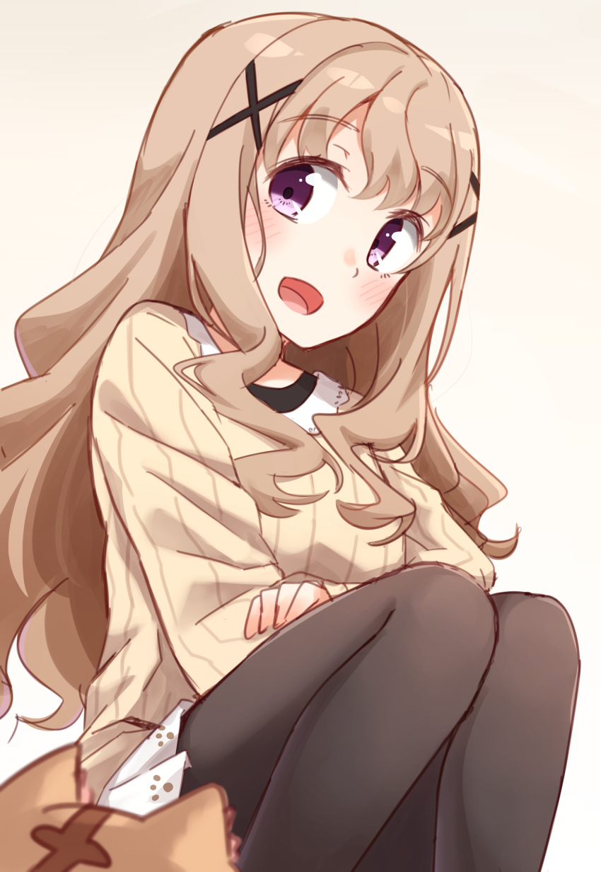 1girl :d animal bangs beige_background beige_sweater black_legwear blurry blurry_foreground blush cat depth_of_field eyebrows_visible_through_hair hair_between_eyes hair_ornament high_school_fleet highres kapatarou light_brown_hair long_sleeves looking_at_viewer open_mouth pantyhose simple_background skirt smile solo sweater uda_megumi violet_eyes white_skirt x_hair_ornament