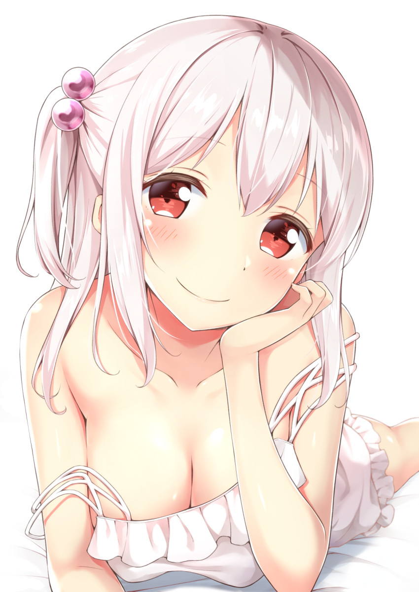 1girl bare_arms bare_shoulders breasts cleavage closed_mouth hair_bobbles hair_ornament head_tilt highres karutamo large_breasts looking_at_viewer lying off_shoulder on_stomach one_side_up original red_eyes simple_background smile solo strap_slip tisshu_(karutamo) white_background white_hair