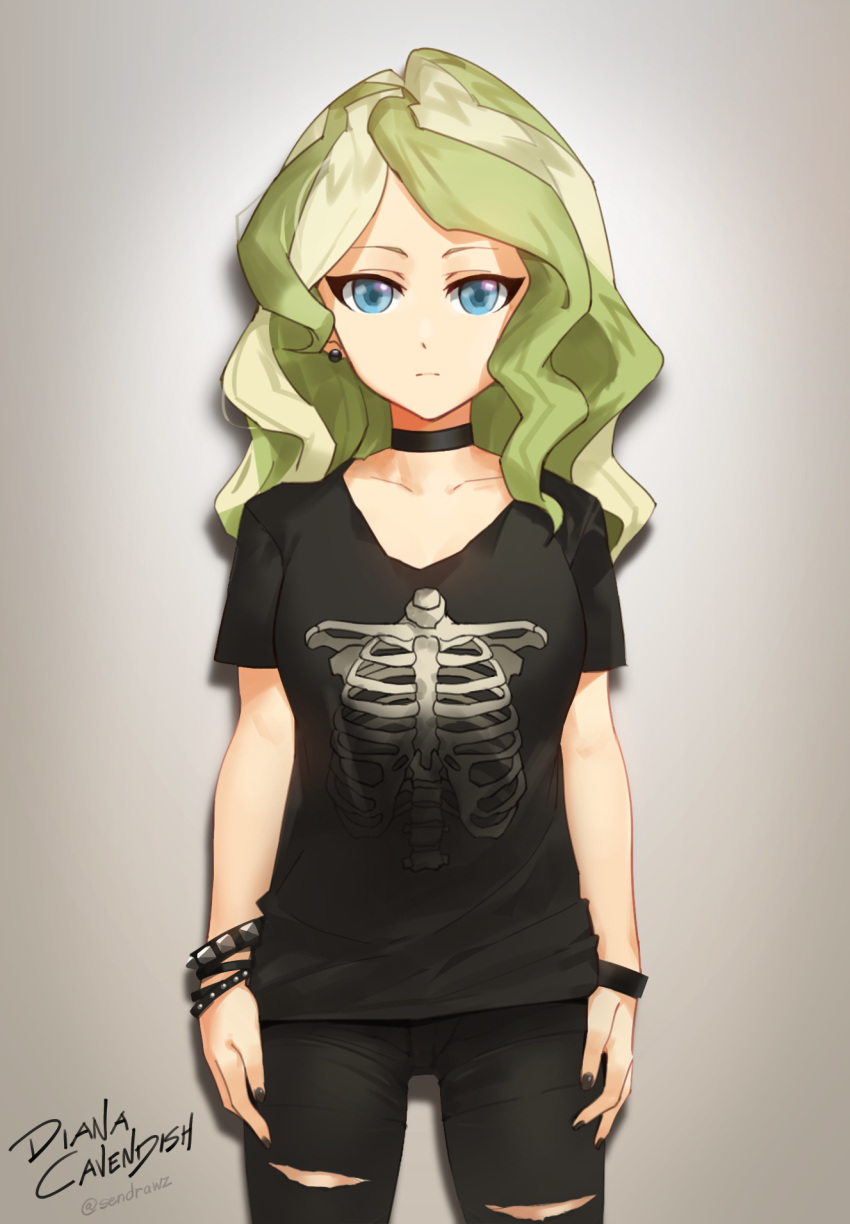 1girl arms_at_sides bangs black_choker black_nails black_pants black_shirt bracelet casual character_name choker closed_mouth cowboy_shot diana_cavendish earrings expressionless eyelashes green_hair grey_background highres jewelry legs_apart little_witch_academia long_hair multicolored_hair nail_polish pants parted_bangs print_shirt ribs sendrawz shirt short_sleeves simple_background solo standing studded_bracelet torn_clothes torn_pants twitter_username two-tone_hair wavy_hair wristband