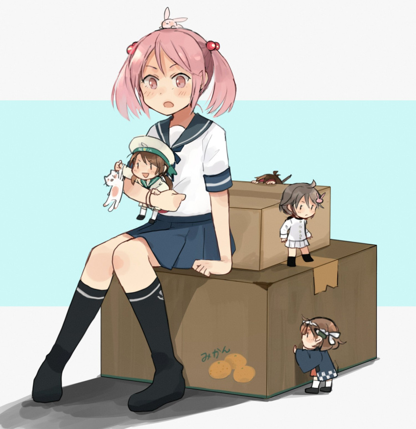 5girls :d animal annin_musou batsubyou black_legwear blue_sailor_collar blue_skirt box brown_hair cat commentary_request damage_control_goddess_(kantai_collection) error_musume fairy_(kantai_collection) girl_holding_a_cat_(kantai_collection) hair_bobbles hair_ornament hat highres kantai_collection kneehighs long_sleeves multiple_girls open_mouth pink_eyes pink_hair pleated_skirt sailor_collar sazanami_(kantai_collection) school_uniform serafuku short_hair short_sleeves sitting skirt smile v white_hat