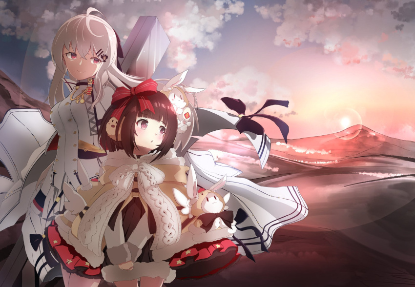 2girls :o ahoge aiguillette bangs black_bow blush bow breasts brown_hair cape chocolate_hair closed_mouth clouds collared_jacket collared_shirt crossed_bangs detached_sleeves double-breasted dusk earmuffs eyebrows_visible_through_hair girls_frontline gloves gun hair_between_eyes hair_bow hair_ornament hair_ribbon hairclip hands_together highres holding iws-2000_(girls_frontline) jacket long_hair long_sleeves looking_at_viewer looking_to_the_side m99_(girls_frontline) medal medallion military military_uniform mountain multiple_girls open_mouth pleated_skirt rabbit red_bow red_eyes ribbon rifle sanang scarf shirt short_hair silver_hair skirt smile strap stuffed_animal stuffed_bunny stuffed_toy sunset tareme uniform violet_eyes weapon weapon_case white_hair white_jacket white_shirt winter_clothes