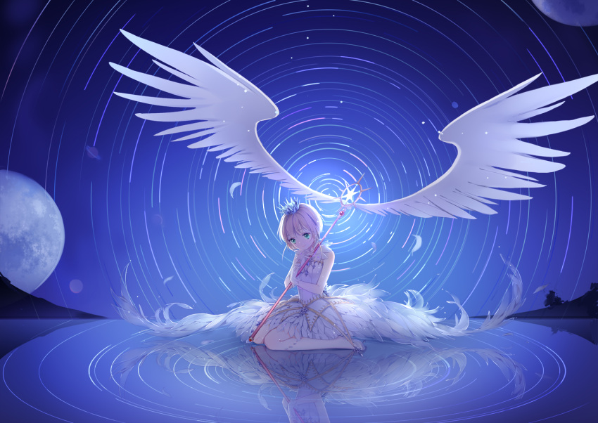 1girl blue_background brown_hair card_captor_sakura crown dress feathers full_body gloves green_eyes kinomoto_sakura kotoba_(610430468) planet reflection short_hair sitting solo staff white_dress white_feathers white_gloves white_wings wings