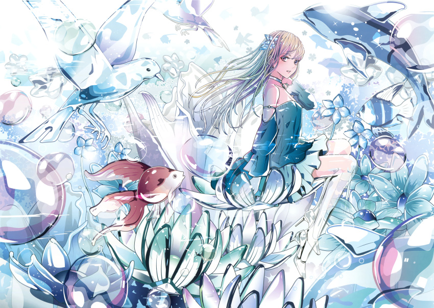 1girl absurdres armlet bird blonde_hair blue_dress bubble detached_sleeves dolphin dress earrings eri_kamijo fish floating_hair from_side hair_ornament highres jewelry long_hair long_sleeves looking_at_viewer looking_to_the_side original parted_lips sitting skirt socks solo white_legwear white_skirt