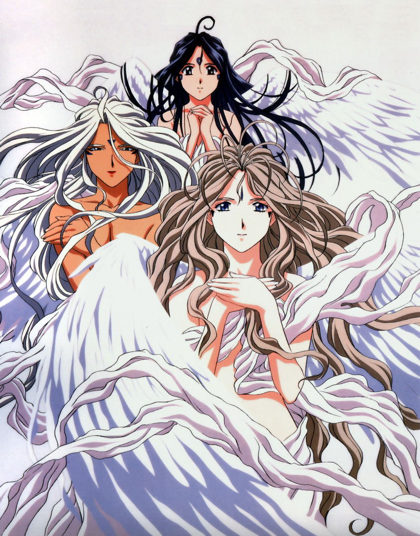 aa_megami-sama belldandy breasts brown_hair dark_skin facial_mark forehead_mark highres long_hair multiple_girls official_art skuld urd white_hair wings