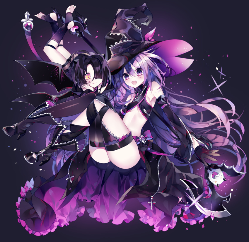 1boy 1girl :3 :d aisha_(elsword) angkor_(elsword) ankle_boots armpits black_background black_footwear black_gloves black_hair black_hat boots detached_sleeves elsword full_body g_ieep gloves hair_over_one_eye hat highres holding holding_staff long_hair looking_at_viewer midriff mismatched_legwear open_mouth oz_sorcerer_(elsword) purple_hair smile staff thigh-highs toeless_legwear violet_eyes waist_cape witch_hat yellow_eyes