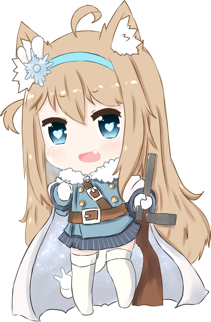 1girl :d ahoge animal_ears bailingxiao_jiu bangs belt_buckle blue_eyes blue_hairband blue_jacket blue_skirt blush brown_belt buckle cape cat_ears cat_girl cat_tail chibi commentary_request eyebrows_visible_through_hair fang full_body fur-trimmed_jacket fur_trim girls_frontline gloves gun hair_between_eyes hairband heart heart-shaped_pupils highres holding holding_gun holding_weapon jacket kemonomimi_mode light_brown_hair long_hair long_sleeves no_shoes object_namesake open_mouth sidelocks simple_background skirt smile solo standing striped submachine_gun suomi_kp/-31 suomi_kp31_(girls_frontline) symbol-shaped_pupils tail thigh-highs vertical-striped_skirt vertical_stripes very_long_hair weapon white_background white_cape white_gloves white_legwear