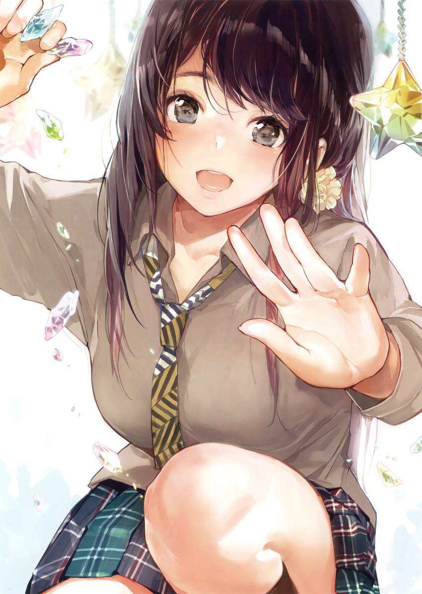 :d absurdres bangs blue_skirt blush breasts brown_hair collared_shirt crystal grey_eyes hands_up highres knee_up large_breasts long_hair long_sleeves looking_at_viewer necktie open_mouth original pleated_skirt school_uniform shirt skirt smile souji_hougu wing_collar yellow_neckwear