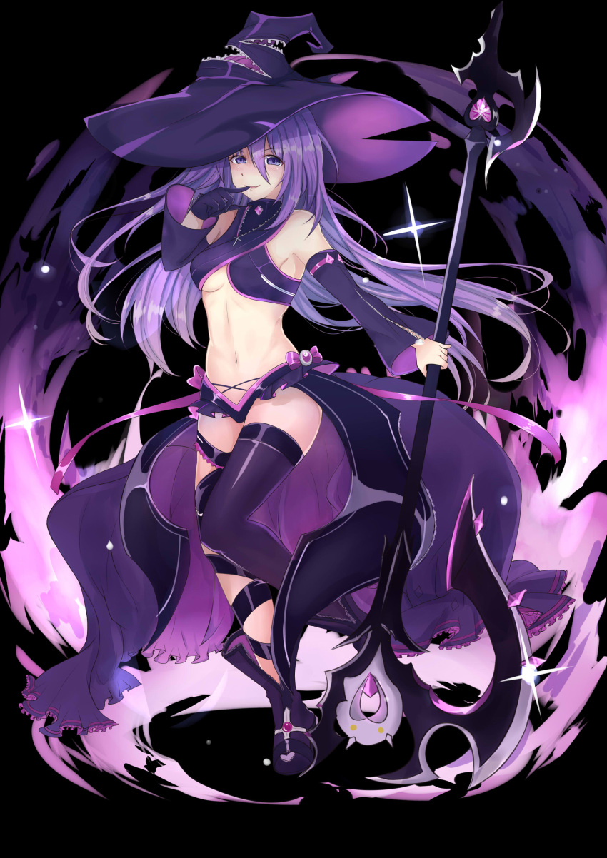 1girl absurdres aisha_(elsword) black_background black_gloves breasts detached_sleeves elsword full_body gloves hat highres holding holding_staff long_hair looking_at_viewer lydia601304 midriff mismatched_legwear navel oz_sorcerer_(elsword) panties purple_hair purple_legwear simple_background single_glove smile solo staff standing thigh-highs under_boob underwear violet_eyes waist_cape witch_hat
