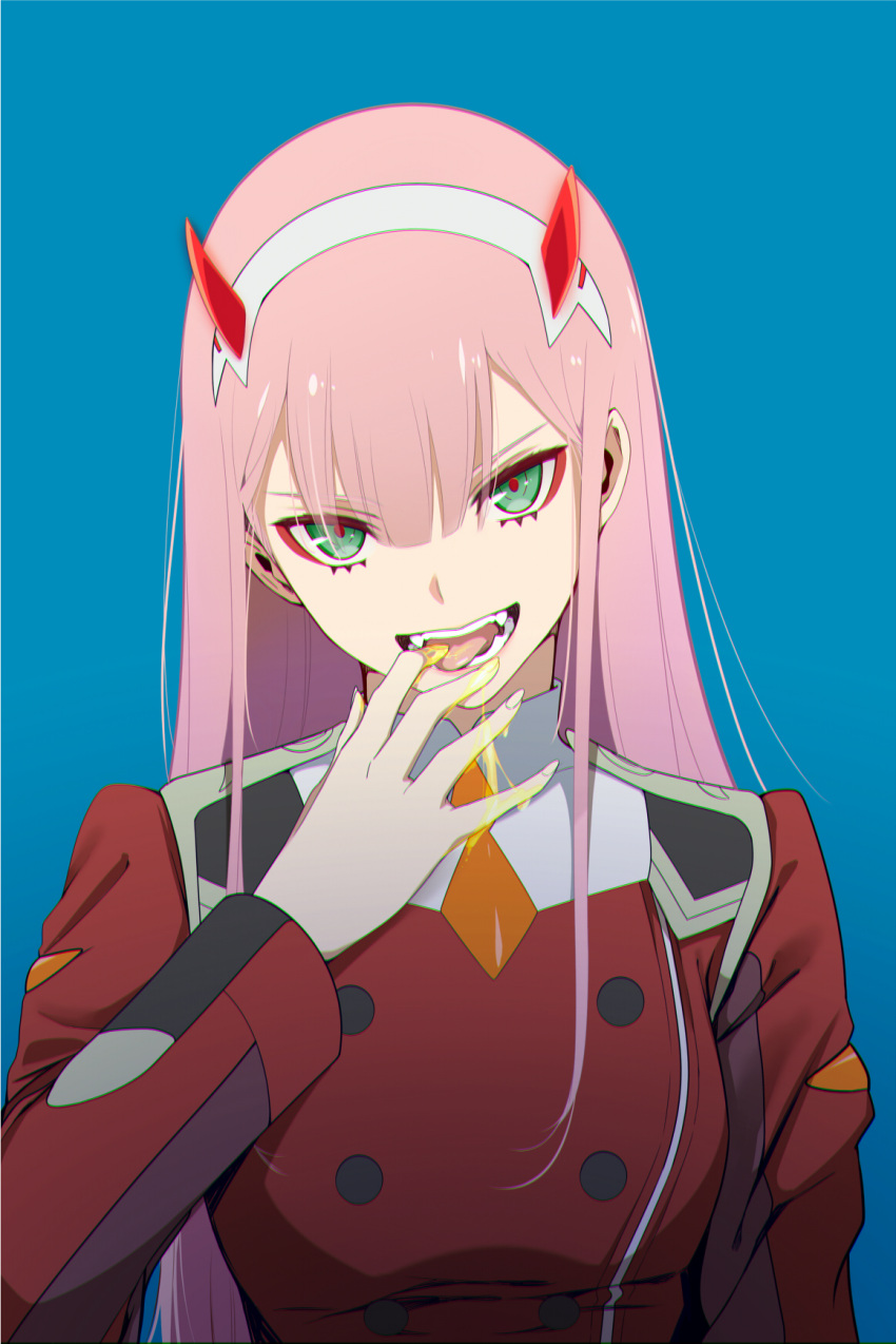 1girl blue_background darling_in_the_franxx fangs_out giba_(out-low) green_eyes highres horns long_hair military military_uniform open_mouth pink_hair school_uniform simple_background uniform zero_two_(darling_in_the_franxx)