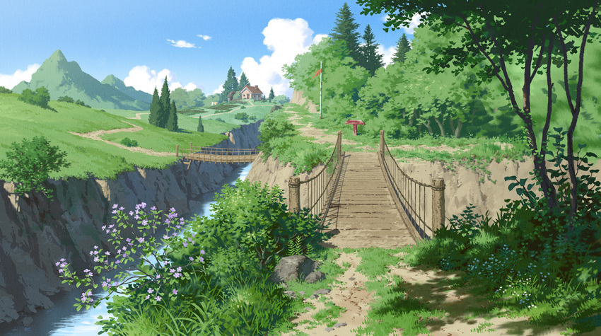 akasa_tanaha_(user_uhrn4435) blue_sky bush clouds commentary_request day field flower forest grass house mountain nature no_humans original outdoors path plant river road rock scenery shadow sign sky tree water wooden_bridge